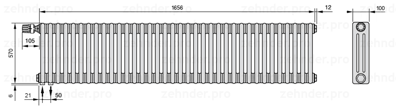 Схема (чертеж) Радиатор Zehnder Charleston 3057/36 №V001 Белый глянцевый RAL 9016